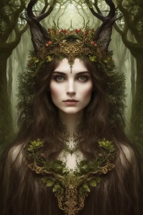woman in a mythical forest, masterpiece, perfect face, intricate details, horror theme