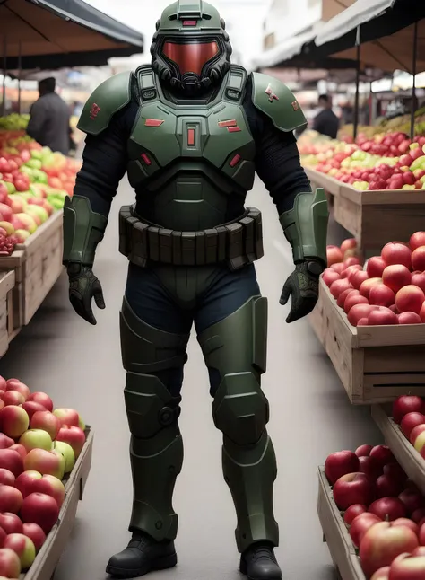Photo of doomguy in a big market, realistic doomguy, doom slayer, looking at viewer, crate of apples, (detailed background:1.2), (raw, extremely intricate:1.2), (poor quality photo:0.7), muted colors, cinematic light, best shadow, looking at viewer, (blurry:1.2), full body, reflective metal, textured fabric, silver helmet, (belly:0.5)