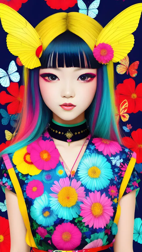 masterpiece, ultra-high quality, (ultra detailed original illustration), (1girl, upper body), ((harajuku fashion)), ((flowers with human eyes, flower eyes)), double exposure, fussion of fluid abstract art, glitch, (2d), (original illustration composition), (fusion of limited color, maximalism artstyle, geometric artstyle, butterflies, junk art), yellow theme, Ultramarine, neon color
