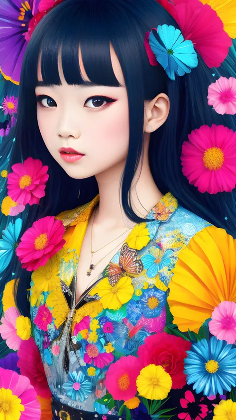 masterpiece, ultra-high quality, (ultra detailed original illustration), (1girl, upper body), ((harajuku fashion)), ((flowers with human eyes, flower eyes)), double exposure, fussion of fluid abstract art, glitch, (2d), (original illustration composition), (fusion of limited color, maximalism artstyle, geometric artstyle, butterflies, junk art), yellow theme, Ultramarine, neon color