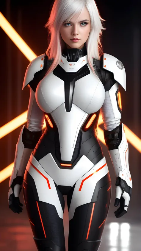 technicolor, upper body, portrait, robot,white orange armor, white shimmering hair, neon light, 8K, RAW, best quality, masterpiece, ultra high res, colorful, (medium wide shot), (dynamic perspective), sharp focus ,depth of field, extremely detailed eyes and face, beautiful detailed eyes,large breasts,(black gold, trimmed gear:1.2),(In a futuristic weapons factory:1.2), red bloody veins growing and intertwining out of the darkness, oozing thick red blood, veins growing and pumping blood, vascular networks growing, connecting, explanding