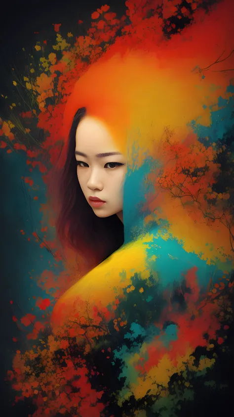 1 woman, gradient color, jungle, dynamic pose, (digital illustration, Duy Huynh ), Jackson Pollock (masterpiece, best quality, beautiful and aesthetic:1.2)