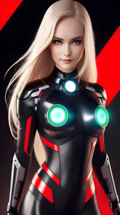 \(Style\): { (flat color:1.3), (colorful:1.3), (masterpiece:1.2, best quality), science fiction }, \(Composition\): { no humans, from above, extreme_closeup, facing_viewer, front_view, mid shot }, \(Hair\): {very long blonde hair, wavy hair }, \(Appearance\): { mature, slender, fit, small_breasts, flat_chest, green_eyes, helmet }, \(Clothing\): { [(mecha:1.2):police], black_bodysuit, red_armor}, \(Behavior\): { looking at viewer, crazy smiling }, \(Location\): {( multicolored background, red background )}, (very_long_legs:0.5), (destroyed city background:1.6), full body of cyborg lady, cybernetic jaw, mechanical parts, white shirt, unbottoned, black latex skirt, metal skin, glowing red eyes, cables, wires, black hair, simple background, (surrealism:1.1), (disturbing:1.1), (cottagecore), (geometric:1.2), (futurism:1.2), impressionist, (majestic:1.2), (breathtaking), (suggestive:1.3), (depressing:1.3), (enticing:1.4), (irresistible:1.4), disturbing, (fascinating:1.2), (magnetic:1.2)