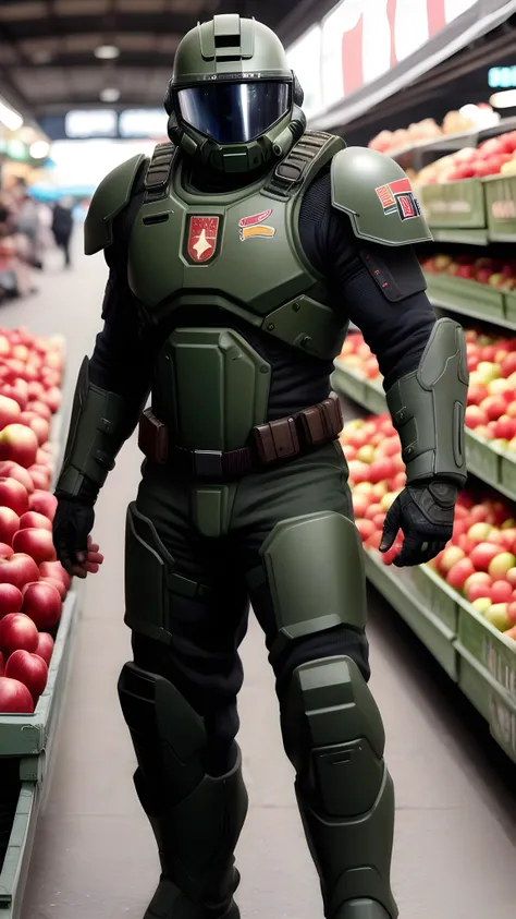 Photo of doomguy in a big market, looking at viewer, crate of apples, (detailed background:1.2), (raw, extremely intricate:1.2), (poor quality photo:0.7), muted colors, cinematic light, best shadow, looking at viewer, (blurry:1.2), full body, reflective metal, textured fabric, silver helmet, (belly:0.5)