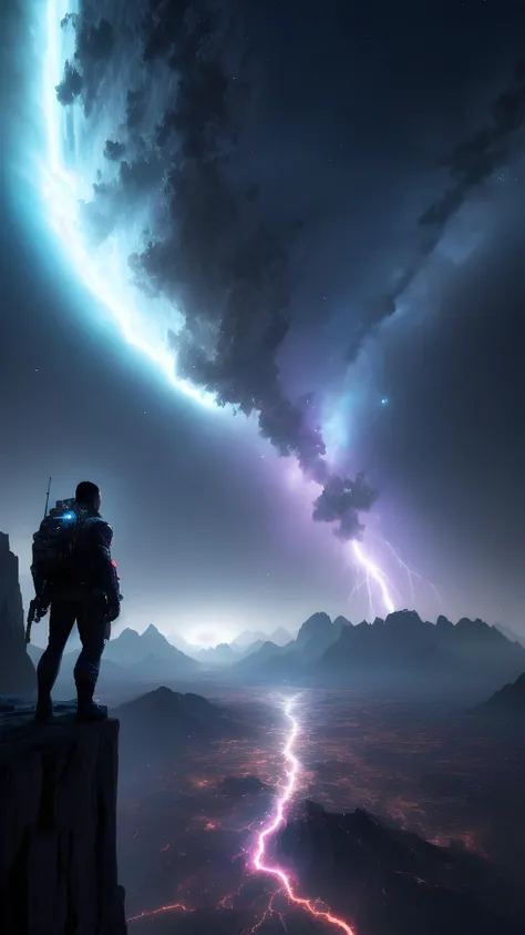 1man, the end of time, space, empty, lightnings, filled with unknown worlds, a melody in space, black muscular man in the middle, black shirt, very angry man, lightning body, neon colors, blue trapped bubble, planet earth in the universe, detailed planet earth, ozone layer, lightnings, a lot of lighnings in the universe, Post-apocalypse, uturistic, bright neon colors, Fragmented Supernova, Fractured Shards of Crumbling Beauty, Voxel Fractals, Hyper Detailed, Fragments, Eldritch, depth of field, cinematic lighting, chiaroscuro, ray tracing, UHD, ccurate, high details, super detail, award winning, best quality,masterpiece, best quality, high quality, extremely detailed CG unity 8k wallpaper, scenery, outdoors, sky, cloud, day, no humans, mountain, landscape, water, tree, blue sky, waterfall, cliff, nature, lake, river, cloudy sky,award winning photography, Bokeh, Depth of Field, HDR, bloom, Chromatic Aberration ,Photorealistic,extremely detailed, trending on artstation, trending on CGsociety, Intricate, High Detail, dramatic