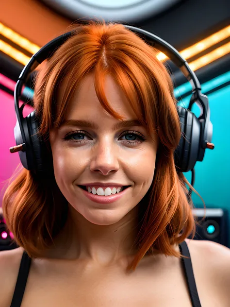 close-up portrait photo of ( St4c3yD00l3y_V1-emb , (light ginger hair)++, (blue eyes), smile, teeth, grin), (in a futuristic music studio)++, 8k uhd, high quality, dramatic, bokeh <lora:St4c3yD00l3y_V1:0.5>