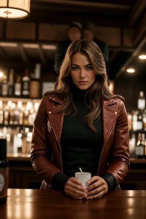 beautiful woman (Koh_NochtliPeralta:.99): a woman at a (dingy bar:1.1), perfect hair, wearing sexy red (leather jacket with a turtleneck undershirt and ripped jeans), (crowd of people in background:1.1), (tattoos), (face focus), modelshoot style, (extremely detailed CG unity 8k wallpaper), professional majestic (photography by Béla Iványi-Grünwald:1.1), 24mm, exposure blend, hdr, extremely intricate, High (Detail:1.1), dramatic, soft cinematic light, (looking at viewer), (detailed pupils), 4k textures, soft cinematic light, elegant, ((((cinematic look)))), soothing tones, insane details, hyperdetailed, ("In Jernau we trust!":1.1)