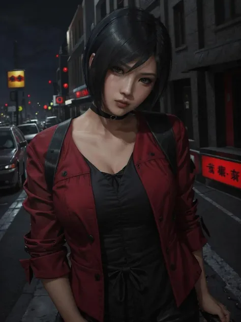 AdaWongRE, 1girl, looking at the viewer, dark city background, short hair, <lora:AdaWongRE:0.7>