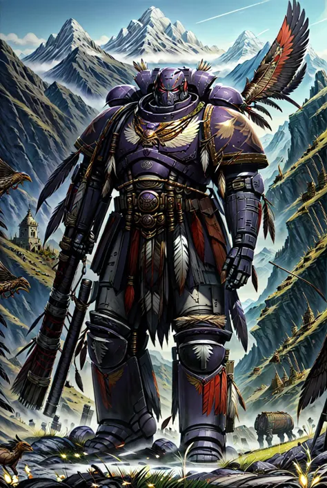 primaris, full body shot, battlefield background, standing, holding axe, nativeamericanworld, ravens, raven, spirit world, grass_plains, distant_mountains,
