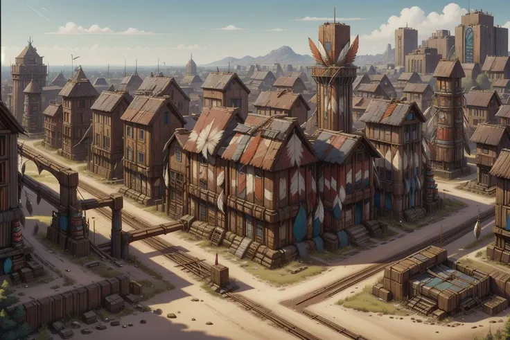 masterpiece, best quality, expressive eyes, absurdres, <lora:NativeAmericanWorld:1> nativeamericanworld, metropolis city with roads and bridges,
