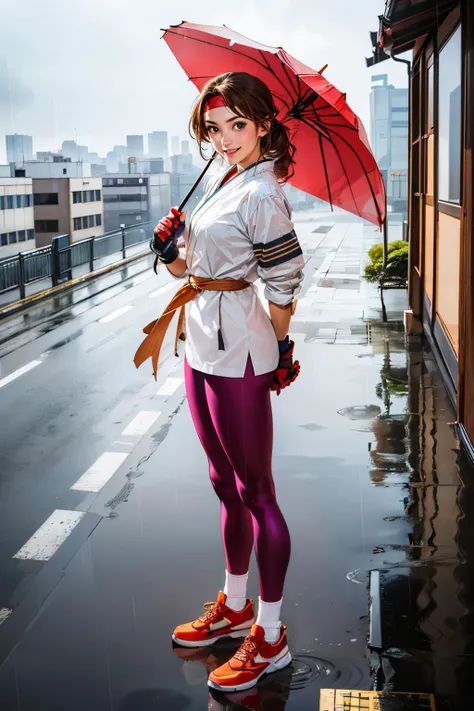 YuriSaka, red headband, white dougi, golden belt, leggings, fingerless gloves,red shoes, socks, looking at viewer, smiling, happy,
standing, holding an umbrella, outside, on building rooftop, osaka, overcast, raining, extreme detail, masterpiece, beautiful quality, <lora:YuriSakazaki-DocStasis:.8>