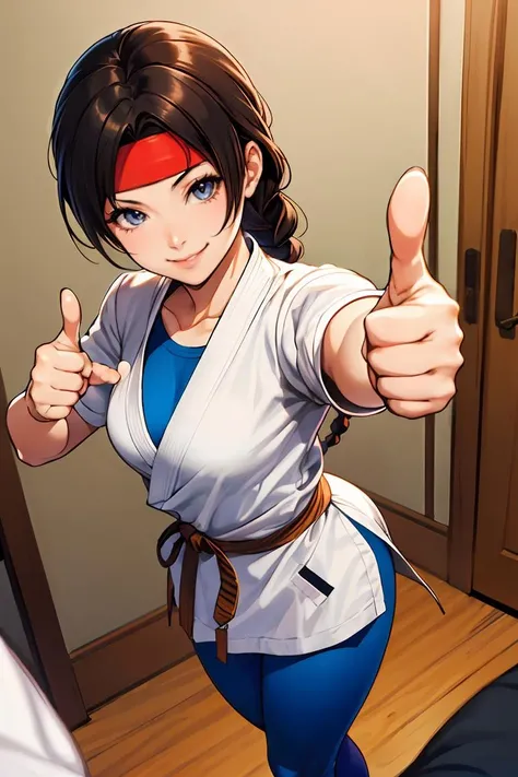 YuriSakazaki,1girl,young woman,smiling,wink,white gi,braided hair,leggings,stash,view from above,thumbs up,medium shot,(best quality:1.2),masterpiece,perfect picture,detailed eyes,sharp focus,realhands,<lora:YuriSakazaki-DocStasis:0.8>,