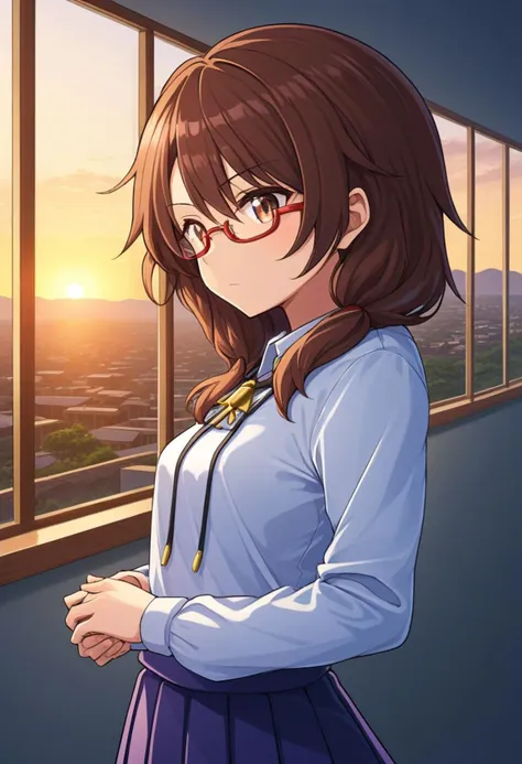 usami sumireko, solo, side view, glasses, hands behind body, skirt, red-framed eyewear, classroom, white blouse, long sleeves, v-shaped eyebrows, star-shaped pupils, symbol-shaped pupils, gorgeous, key visual, vibrant, studio anime, award-winning, professional, highly detailed, high budget, cinemascope, upper body, standing, looking at viewer, sunset, windows, shadow, landscape, moved, sad, upset, emotional, tears, cry