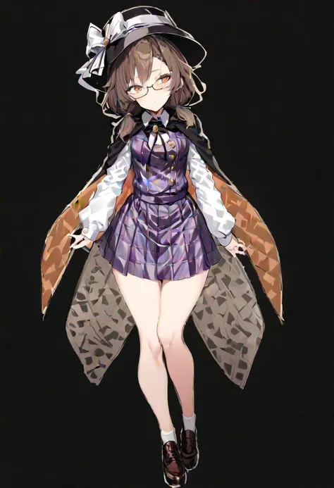 masterpiece, best quality, ultra-detailed, beautiful, nai3, 1girl, solo, full_body, tachi-e,
usami_sumireko, 1girl, hat, hat bow, brown hair, low twintails, glasses, brown eyes, cape, boo tie, plaid vest, shirt, plaid skirt, long sleeves, clothes writing, bolo tie,