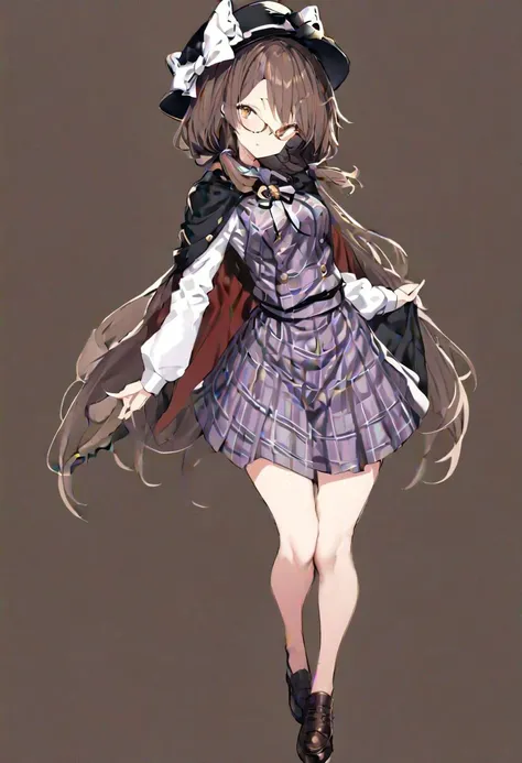 masterpiece, best quality, ultra-detailed, beautiful, nai3, 1girl, solo, full_body, tachi-e, 
usami_sumireko, 1girl, hat, hat bow, brown hair, low twintails, glasses, brown eyes, cape, bow tie, plaid vest, shirt, plaid skirt, long sleeves, clothes writing, bolo tie,