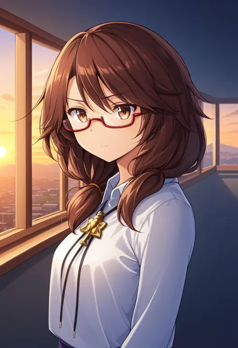 usami sumireko, solo, side view, glasses, hands behind body, skirt, red-framed eyewear, classroom, white blouse, long sleeves, v-shaped eyebrows, star-shaped pupils, symbol-shaped pupils, gorgeous, key visual, vibrant, studio anime, award-winning, professional, highly detailed, high budget, cinemascope, upper body, standing, looking at viewer, sunset, windows, shadow, landscape, moved, sad, upset, emotional, tears, cry