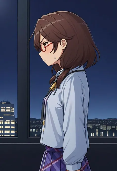solo, side view, glasses, plaid skirt, white shirt, collar blouse, red-framed eyewear, v-shaped eyebrows, star-shaped pupils, upper body, standing, shadow, sad, upset, emotional, tears, crying, sad, tears on face, no light, windows, midnight, landscape, cityscape, cartoon, detailed clothes, thin female, masterpiece