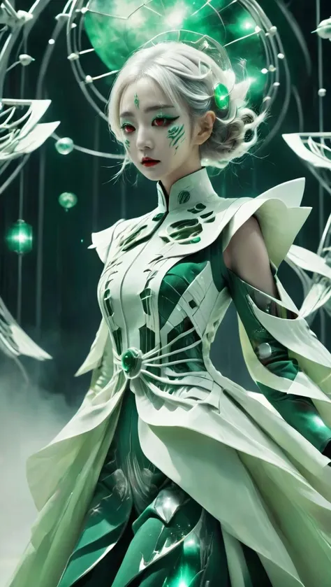 1girl,bailing-traditional opera,(facepaint:0.8),solo,full body,chinese clothes,sci-fi style,white hair,<lora:xl-shanbailing-1029chinese technology-000003:0.9>,forestgreen,