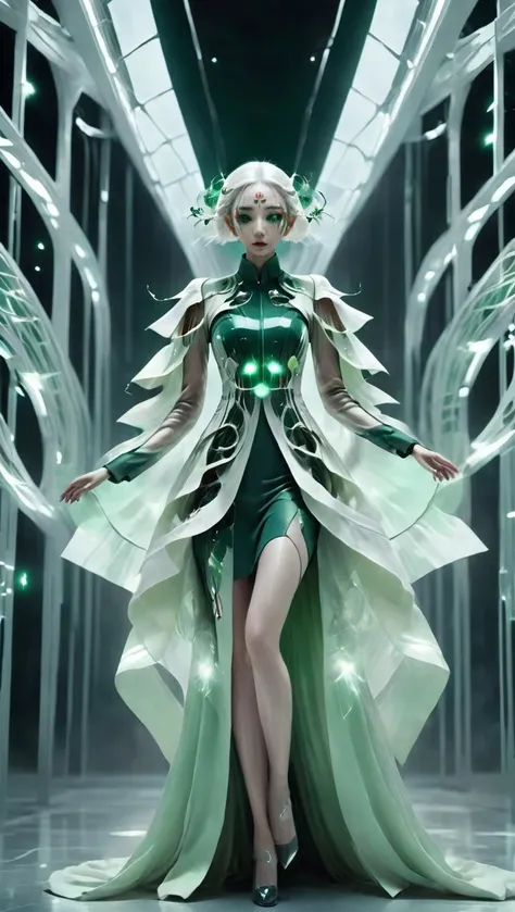 1girl,bailing-traditional opera,(facepaint:0.8),solo,full body,chinese clothes,sci-fi style,white hair,<lora:xl-shanbailing-1029chinese technology-000003:0.9>,forestgreen,