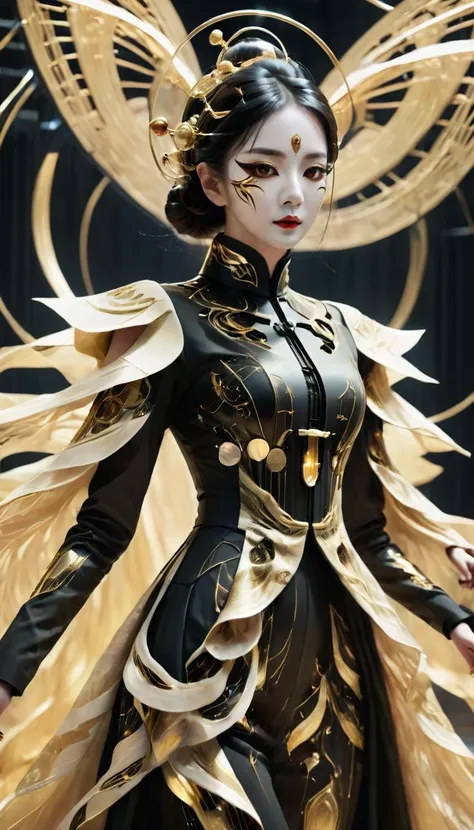 <lora:xl-shanbailing-1029chinese technology-000003:0.8>,1girl,bailing-traditional opera,(facepaint:0.8),solo,full body,chinese clothes,sci-fi style,black gold theme,