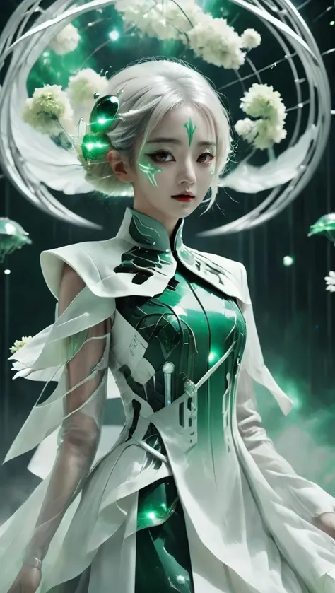 1girl,bailing-traditional opera,(facepaint:0.8),solo,full body,chinese clothes,sci-fi style,white hair,<lora:xl-shanbailing-1029chinese technology-000003:0.9>,forestgreen,