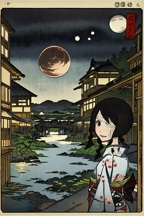 (masterpiece),(best quality), <lora:KobushiAbiru:0.8>, 1girl, Abiru, bandage over one eye, bandages,twin braids,kimono, smile, bloodmoon light, castle, on bridge, (background with japanese town in ruins:1), lake, mountains, (((night))), <lora:edo_ukiyoe_v1:0.6>, edo_ukiyoe, outdoor,