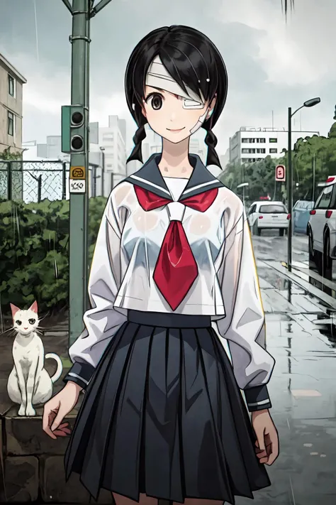 (masterpiece),(best quality), <lora:KobushiAbiru:0.8>, Abiru, bandage over one eye, bandage, school uniform, skirt, street, cats, (rain:1.2), <lora:Adddetail:0.7>, RAW photo, closed smile