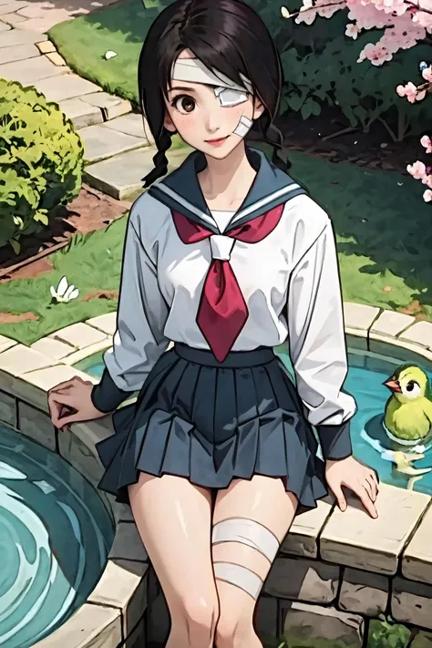 (masterpiece),(best quality), <lora:KobushiAbiru:0.8>, 1girl, Abiru, bandage over one eye, bandages,twin braids, school uniform, blue skirt, natural park, sakura, fountain, birds, happy, blush, beautiful sunlight, (bird's eye view:1.2)