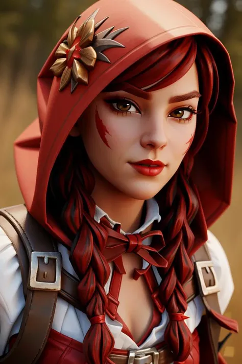 <lora:Fable:0.65>, 1girl, xyzfable, twin braids, red hair, red riding hood, belts, corset, portrait, closeup, facial marking