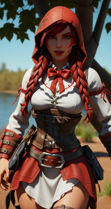 <lora:Fable:0.65>, 1girl, xyzfable, 3d render, twin braids, red hair, red riding hood, belts, detailed corset, portrait, closeup, facial markings