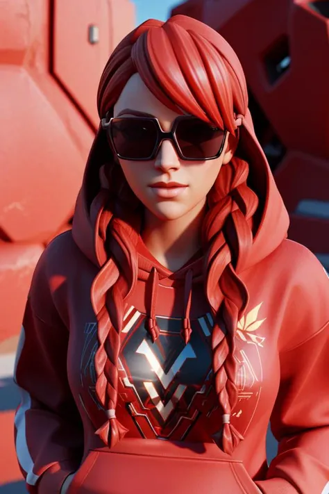 <lora:Fable:0.65>, 1girl, xyzfable, twin braids, red hair, sunglasses, sfw, 3d render, octane render, red hoodie, leaning, portrait