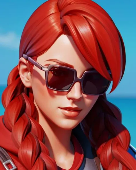 <lora:Fable:0.65>, 1girl, xyzfable, twin braids, red hair, sunglasses, sfw, portrait