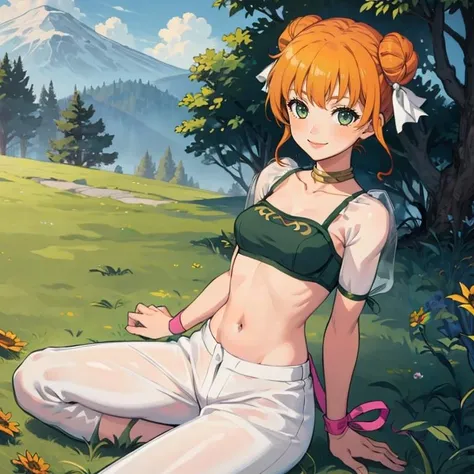 Masterpiece, best quality, 1girl, solo, smile, looking at viewer,  <lora:Larum:1>, larumfe, hair bun, midriff, hair ribbon,  pants, field, dancer, sitting, ribbon