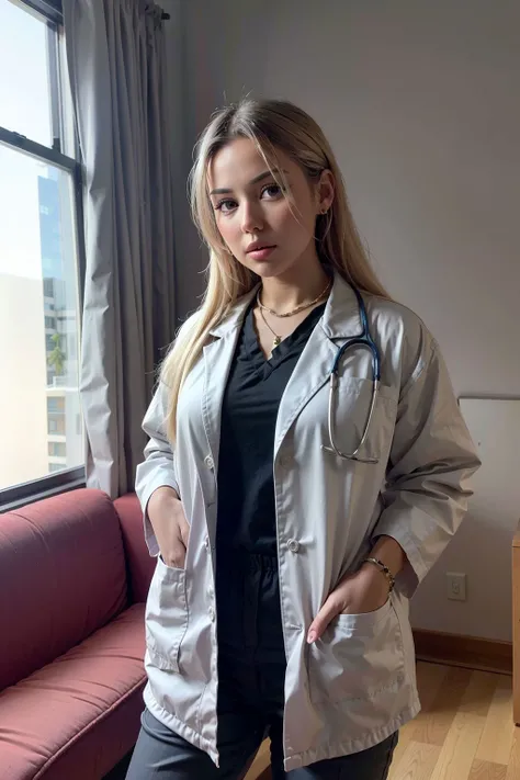 candid photo of samantra, wearing (doctor outfit:1.2), hotel, upper body, chiaroscuro, eye level, <lora:samantra:1>