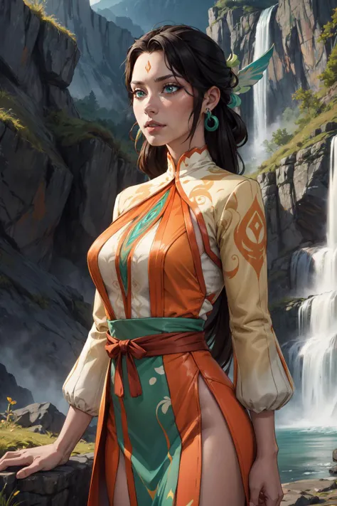 (masterpiece, best quality, 4k, detailed, intricate, realistic),cinematic angle,outside,waterfall,cowboy shot,1girl, fujin, hair rings, long hair,hair ornament, earrings, forehead mark, green and orange dress <lora:genshinfujin-nvwls-v1:0.8>