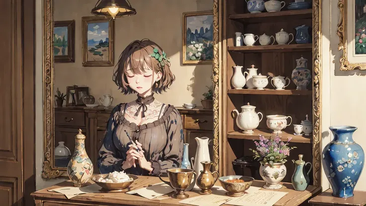 incredibly absurdres,absurdres,Claude Monet style,impregnation, (loose brushwork:1.5),upper body,knit dress,breast rest,(sleepy face:0.8),breasts,lying, Cupboards, filled countless knick-knacks.oil painting,one flower vase,tableware,detailed hands,