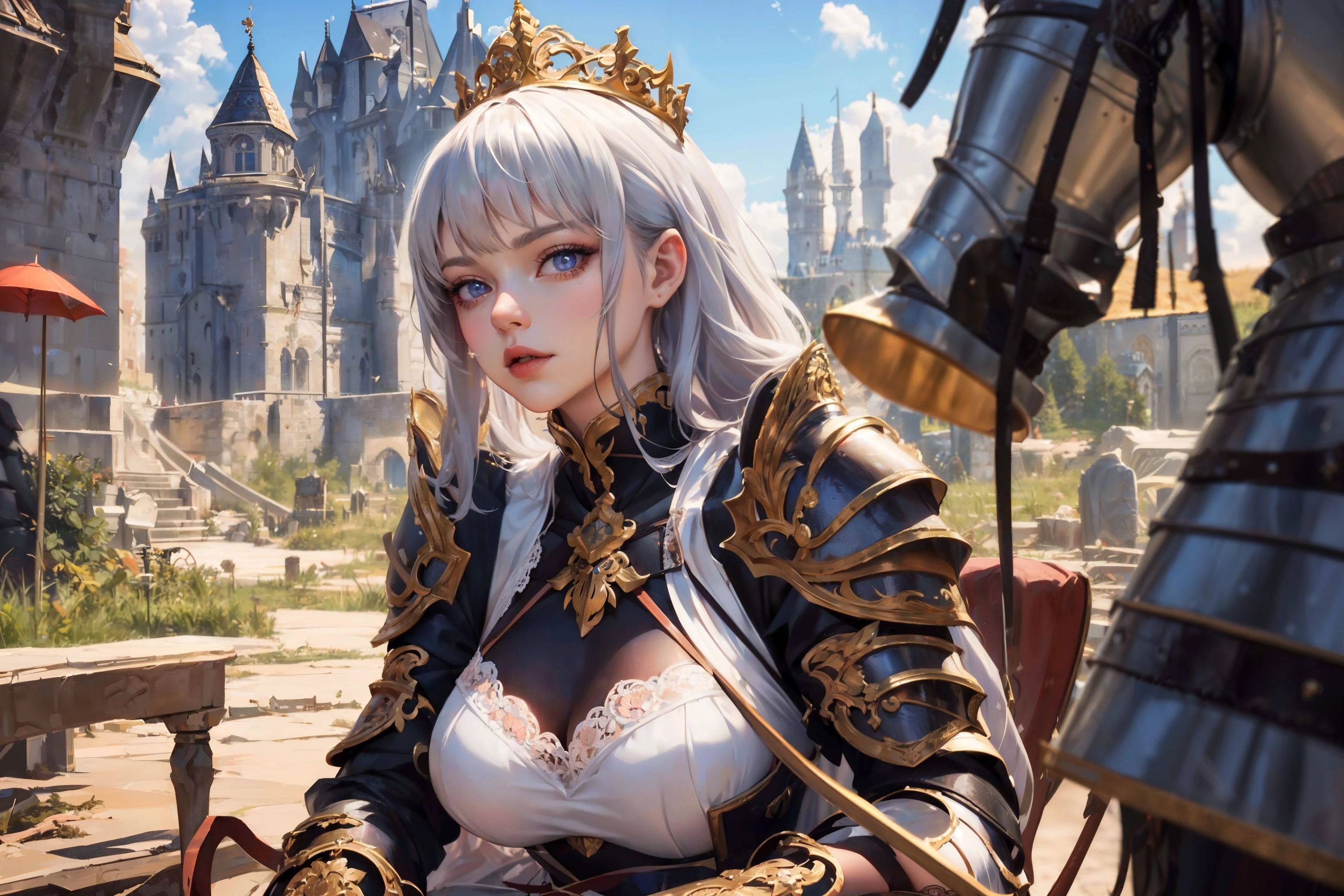 <lora:CM-Beautiful_armor:0.8>CM-Beautiful_armor,armor,   shield, shoulder_armor,crownweaponsword
//
(((half bodydynamic pose,War backgroundcastlewar,battlefield, lying,lace   ))),
//
(ulzzang-6500-v1.1:0.8),(raw photo:1.2),((photorealistic:1.4)),(upper body),best quality ,masterpiece, an extremely delicate and beautiful, extremely detailed ,CG ,unity ,8k wallpaper, Amazing, finely detail, masterpiece,best quality,official art,extremely detailed CG unity 8k wallpaper,absurdres, incredibly absurdres, huge filesize, ultra-detailed, highres, extremely detailed,beautiful detailed girl, extremely detailed eyes and face, beautiful detailed eyes,light on face,cinematic lighting,  hyper detailed,lens flare,glow effect, depth of field,
//
3girls,multiple girls,group picture,lineup,harem,sitting
//
<lora:fashionGirl_v45:0.3> <lora:lit:0.4> <lora:MultipleGirlsGroup:1>