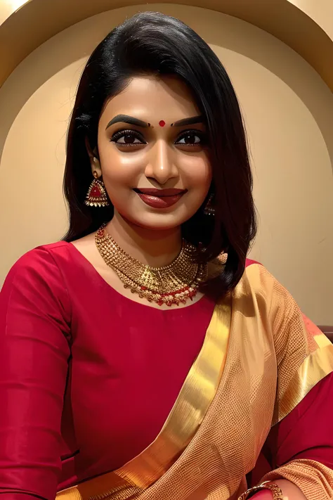 Nandita Mahmood, nanditamahmood, indian actress, singer, woman, 1girl,  a woman in a red blouse and gold necklace
 <lora:Nandita Mahmood:0.6>