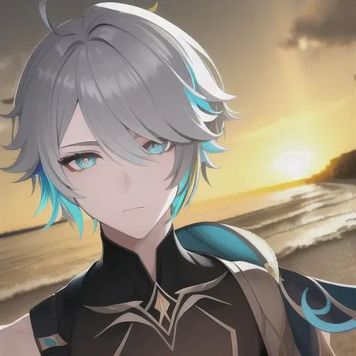 masterpiece, best quality, alhaitham\(genshin impact\), 1boy, solo, grey hair, gloves,short hair, parted bangs, wallpaper, sunset, depth of field, whole body(2), colorful eyes, detailed, male focus,sfloating light, beautiful nature, colorful eyes, 3/4 body(2), detailed face, bangs, aqua eyes, symmetrical eyes(2), ahoge, short hair,hair between eyes, multicolored hair, no emotion,light on the face, high saturation, colorful, walk on the beach(2), beautiful seaside