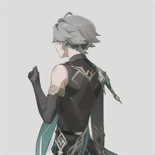 masterpiece, best quality, alhaitham\(genshin impact\), boy, solo, grey hair, gloves,short hair,swept bangs, elbow gloves, parted bangs, simple background, wallpaper, back(2), backside, upperbody