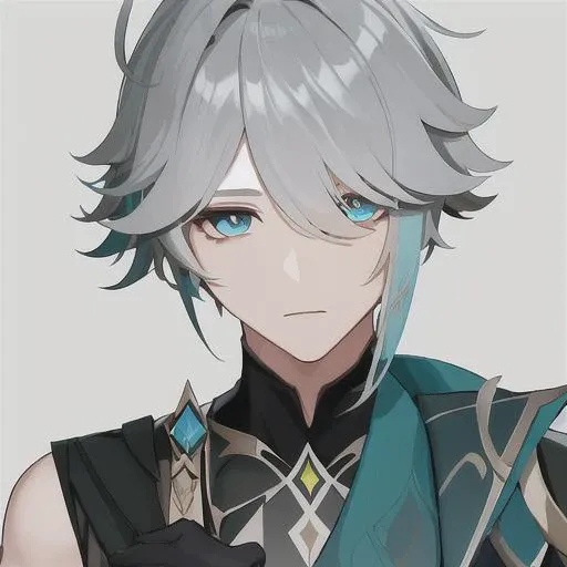 masterpiece, best quality, alhaitham\(genshin impact\), boy, solo, grey hair, gloves, bangs, aqua eyes, symmetrical eyes, ahoge, short hair,hair between eyes, swept bangs, elbow gloves, parted bangs, simple background, wallpaper