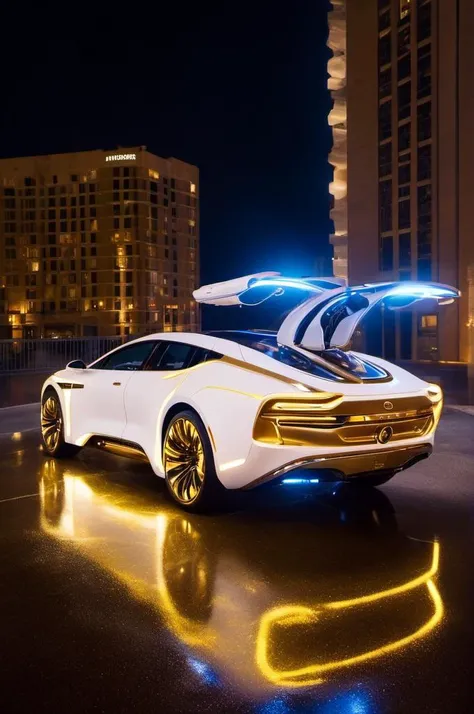 , <lora:edgFuturisticXL:1> EDGFUT_CLOTHING, WEARING EDGFUT_CLOTHING, NEONS, ELECTRIC CIRCUITS,, white and brass science fiction hovering industrial luxury car by a downtown hotel, science fiction, cinematic lighting, night time, volumetric light, imax, dslr, highly detailed, volumetric fog, dystopian vibes, dutch angle, cinematic angle