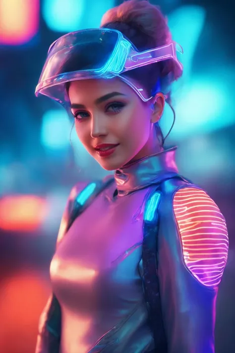 ((Masterpiece, best quality)),photography, detailed skin, realistic, photo-realistic, 8k, highly detailed, full length frame, High detail RAW color art, diffused soft lighting, shallow depth of field, sharp focus, hyperrealism, cinematic lighting,smiling,
edgFut_clothing, a woman in a futuristic outfit with a futuristic headpiece,((neon, electric circuit)),visor ,wearing edgFut_clothing
 <lora:edgFuturisticXL:0.9>