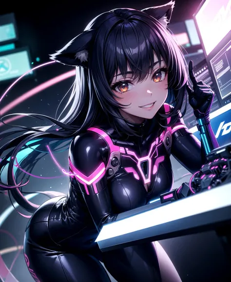 masterpiece, best quality, kemonomimi, tail, 1girl, diffused soft lighting, shallow depth of field, sharp focus, hyperrealism, cinematic lighting,smiling, a woman in a skin tight bodysuit,wearing edgFut_clothing,((electrical circuits, neons,skin)), cyber punk background,