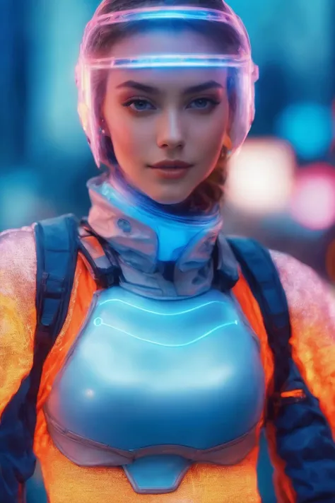 ((Masterpiece, best quality)),photography, detailed skin, realistic, photo-realistic, 8k, highly detailed, full length frame, High detail RAW color art, diffused soft lighting, shallow depth of field, sharp focus, hyperrealism, cinematic lighting,smiling,
 a woman with a blue face and a clear helmet ,wearing edgFut_clothing and [futuristic headpiece|visor] ,wearing edgFut_clothing, neons, electric circuits,
 <lora:edgFuturisticXL:0.8>