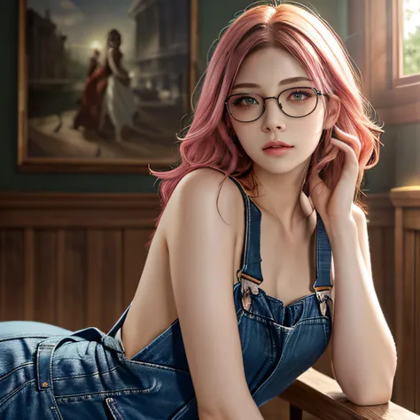 1girl, naked_overralls, (reikamiki<lora:reikamiki2:0.5>) semi-rimless glasses, pink hair, floating hair body, masterpiece, exstreme detailed, best quality, ultra highres, photorealistic, RAW photo, official art, beautiful and aesthetic, CG unity 8k wallpaper, trendy,sunlight on body, volumetic, <lora:add_detail(realistic):1.2>  (lens flare), (masterpiece,best quality:1.5)
