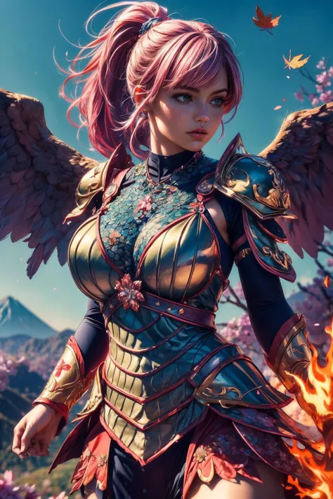 (ultra realistic,32k, masterpiece:1.2),(high detailed skin:1.1),( high quality:1.1),
1girl, pink hair, ponytail hair, bangs,(aqua eyes:0.5),[<lora:MetalArmor:0.7>MetAr,scale armor,dragon scales,:<lora:fengwu:0.33>sdmai, fengwu,(antique shop, vintage treasures, nostalgia, collectibles:0.8), windy, (leaf particles:1.1),flowers, cherry blossoms,:25],fighting stance pose, (huge breast, large breast:0.75),<lora:add_detail:0.9>,
(soft shaded:1.1),  phoenix peak, fiery skies, soaring birds, mythical volcano,blurry background,