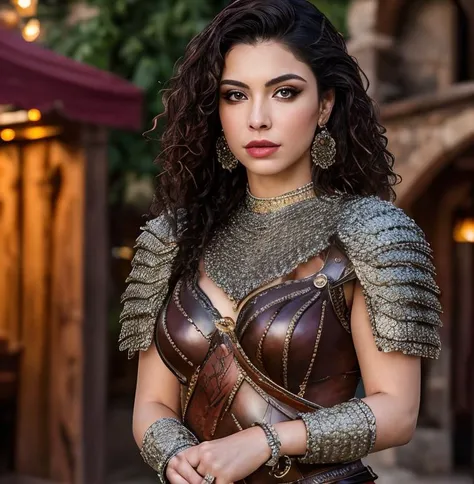 (masterpiece:1.2), (best quality,:1.2), 8k, HDR, ultra detailed, ((photorealistic)), perfect anatomy, professional light, cinematic lighting, fashion photography, ambient lighting,<lora:detail_slider_v4:3>, (Teri Weigel) as a (female warrior), beautiful face, earrings, dark makeup, long and messy hair, ((full body shot)), wearing intricate leather and chainmail armor, FanAm, MetAr, <lora:Armor-10:0.4>, <lora:MetalArmor-10:0.4>, castle background, epiCPhoto