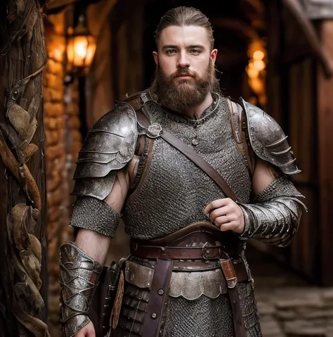 (masterpiece:1.2), (best quality,:1.2), 8k, HDR, ultra detailed, ((photorealistic)), perfect anatomy, professional light, cinematic lighting, fashion photography, ambient lighting,<lora:detail_slider_v4:3>, a male warrior, beard, ((full body shot)), wearing intricate fantasy plate and chainmail armor, MetAr, <lora:MetalArmor-10:0.5>, fantasy picture in the style of Tolkien, Middle Earth, Lord of the Rings, epiCPhoto