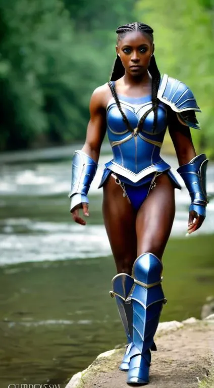 gorgeous black woman,
long braided hair,
large blue eyes, beautiful eyes,
beautiful face, chiseled jaw,
dark skin, muscular body, whole body visible, full body,
walking next to a river,
masterpiece, very detailed, high quality, realistic,
<lora:MetalArmor-10:1> MetAr, cuirass, pauldrons, sabatons, gauntlets,